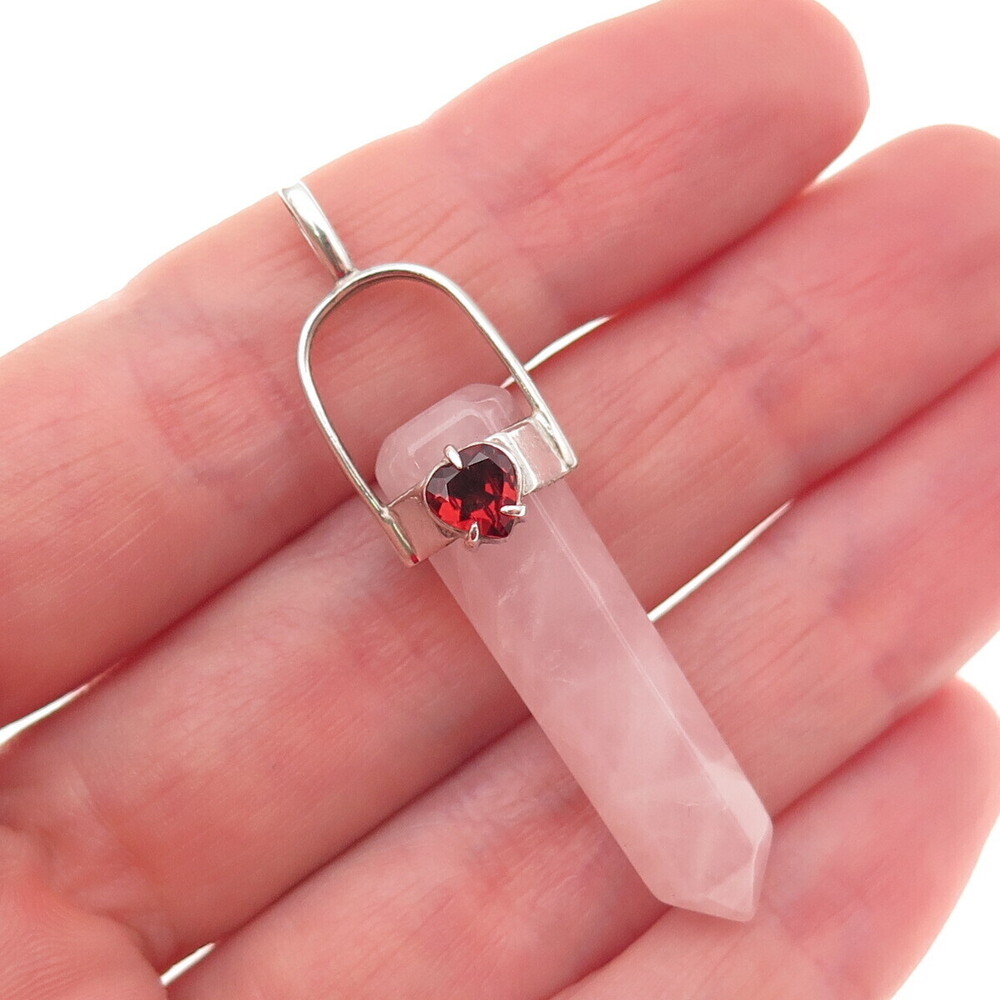 925 Sterling Silver Vintage Real Rose Quartz & Red Garnet Heart Amulet Pendant
